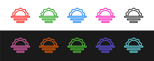 设置线日出图标孤立的黑色和白色的背景。向量图片下载