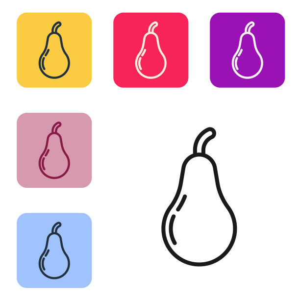 黑线梨图标孤立黑线背景。果实带叶符号。设置图标为彩色方形按钮。向量图片下载