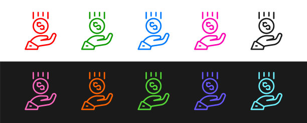 设定线硬币在手-最低工资图标孤立的黑色和白色的背景。向量图片下载