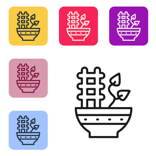 黑线植物在锅图标孤立在白色背景。盆栽植物。盆栽植物标志。设置图标为彩色方形按钮。向量图片下载