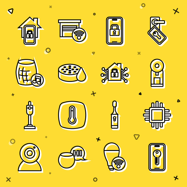智能钥匙，带CPU的处理器，咖啡机，数字门锁，水浸传感器，语音助手，移动智能家居和图标。向量图片下载