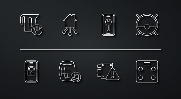 智能电水壶，数字门锁，机器人吸尘器，房屋保护，语音助手，家庭，浴室秤和钥匙图标。向量图片下载