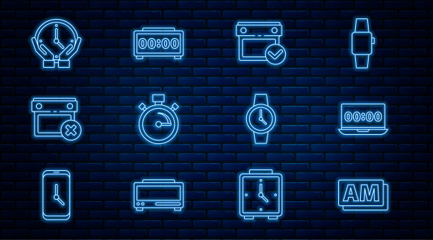 设置线时钟AM，在笔记本电脑上，日历与复选标记，秒表，日期删除，手腕和数字闹钟图标。向量图片下载