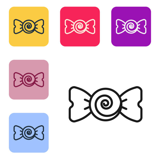 黑线糖果图标孤立在白色背景。圣诞快乐，新年快乐。设置图标为彩色方形按钮。向量图片下载