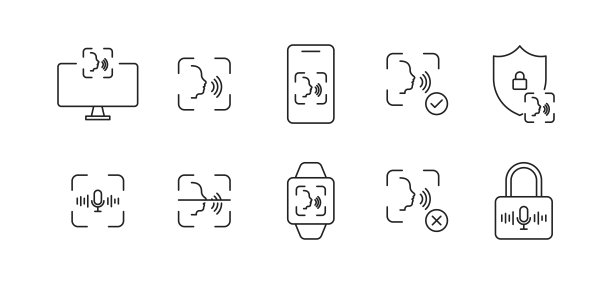 扫描图标集。语音识别细线图标。语音id，安全，密码符号。文档标识。矢量EPS 10图片下载