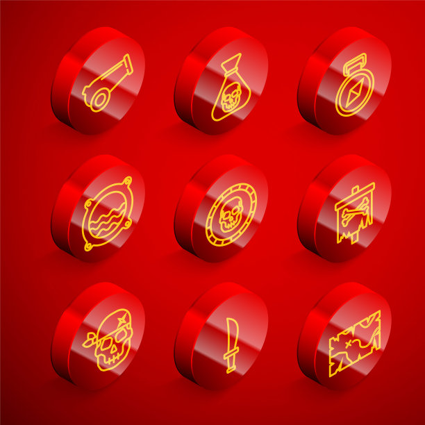 设置线大炮，海盗硬币，指南针，船舷窗与海景，旗帜，骷髅和剑的图标。向量图片下载