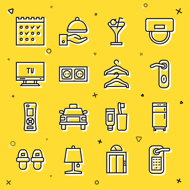 设置线数字门锁，冰箱，门把手，马提尼玻璃，电源插座，智能电视，酒店预订日历和衣架衣柜图标。向量图片下载