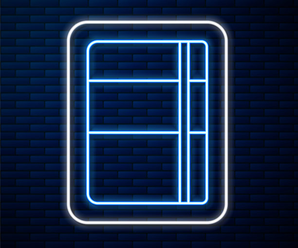 发光的霓虹灯线速写本或专辑图标孤立的砖墙背景。向量图片下载