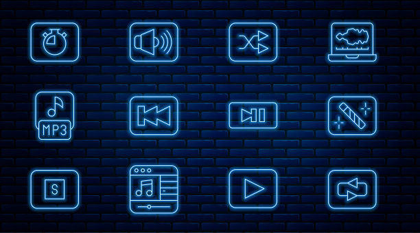 设置线路重复按钮，照片修饰，箭头洗牌，倒带，MP3文件，秒表，暂停和扬声器音量图标。向量图片下载