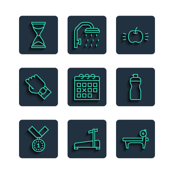 设置线奖牌，跑步机，带杠铃的长凳，苹果，日历健身，智能手表在手，旧沙漏和健身震动器图标。向量图片下载