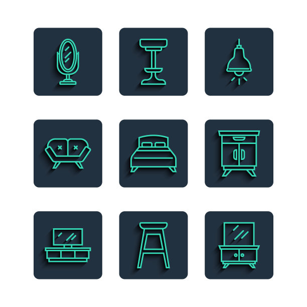 集线电视桌架，椅子，梳妆台，挂灯，大床，沙发，镜子和家具床头柜图标。向量图片下载