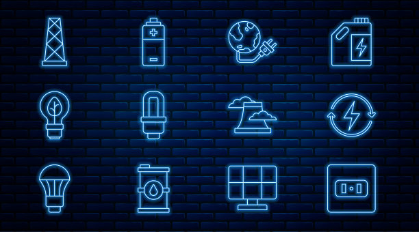 设置线电源插座，充电，全球能源动力星球，LED灯泡，带叶子的灯，天线，核电站和电池图标。向量图片下载