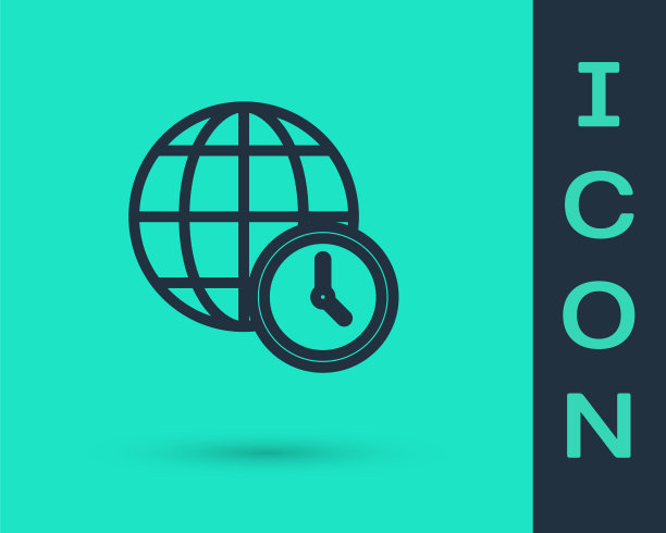 黑线世界时间图标孤立的绿色背景。时钟和地球仪。向量图片下载