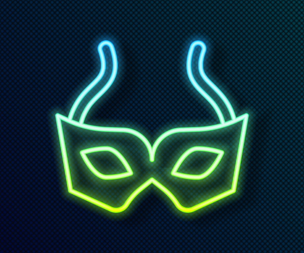 发光的霓虹灯线节日面具图标孤立的黑色背景。圣诞快乐，新年快乐。向量图片下载
