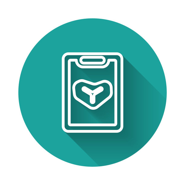 白线餐厅咖啡馆菜单图标与长阴影背景隔离。绿色圆形按钮。向量图片下载