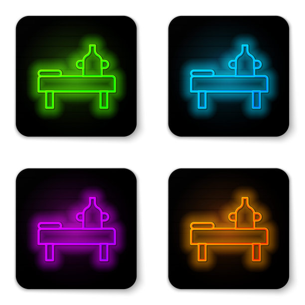 发光的霓虹灯线按摩桌与油图标隔离在白色背景。黑色方形按钮。向量图片下载