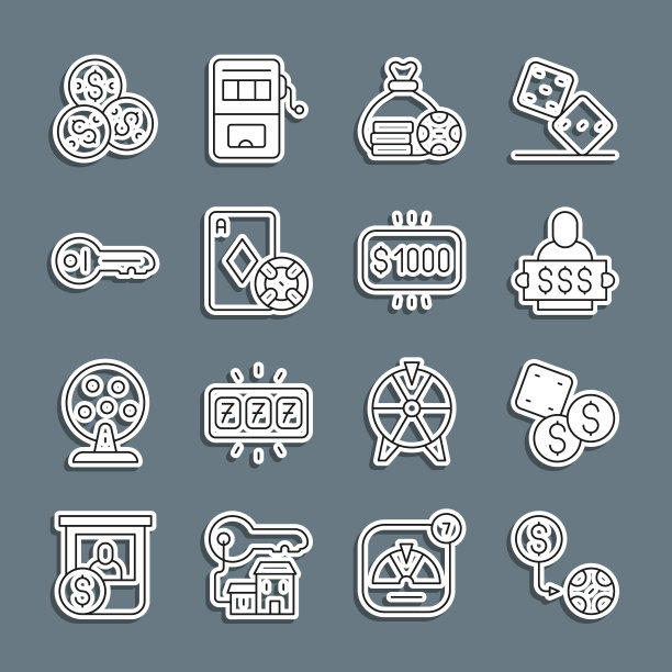 设置线赌场筹码交换，游戏骰子，赢家持有奖券，钱袋，和打牌，旧钥匙，与美元和赌场图标。向量图片下载