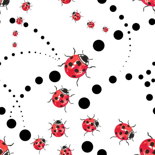 瓢虫水彩无缝图案。红色的虫子和斑点无尽的背景织物和壁纸。夏日明亮的圆点设计。图片下载