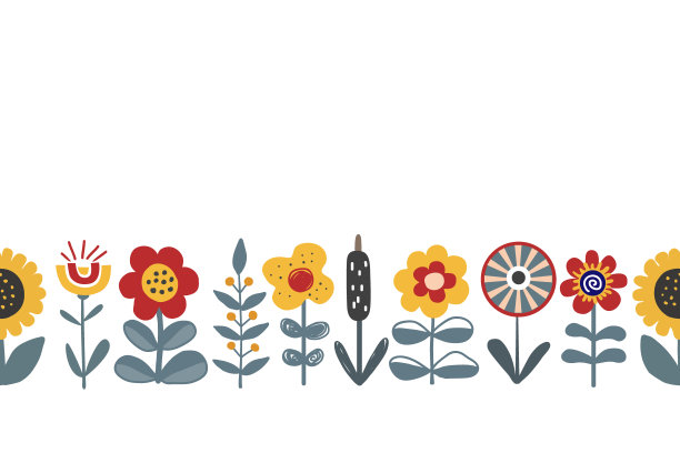 可爱的手绘花朵无缝图案。美丽的花坛边界在斯堪的纳维亚或乌克兰风格。设计纺织品，问候，壁纸，瓷砖，卡片。矢量插图。图片下载