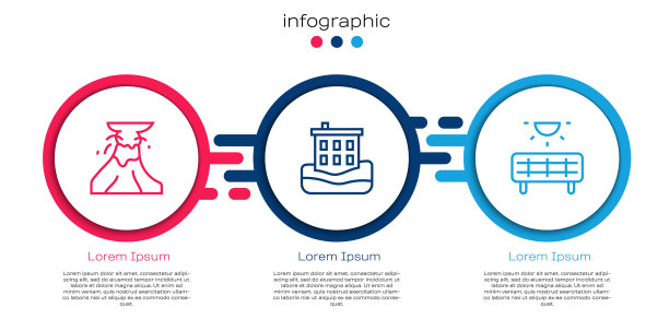 设置线火山喷发与熔岩，房子洪水和太阳能板。业务信息图表模板。向量图片下载