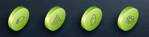 设置等距线香肠，西瓜，鸡蛋站和饼干与巧克力图标。向量图片下载