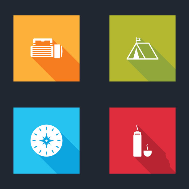 集手电筒，旅游帐篷与旗帜，指南针和保温瓶容器图标。向量图片下载