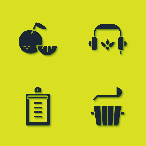 设置柑橘水果，桑拿桶和勺子，带有清单的剪贴板和冥想图标的耳机。向量图片下载