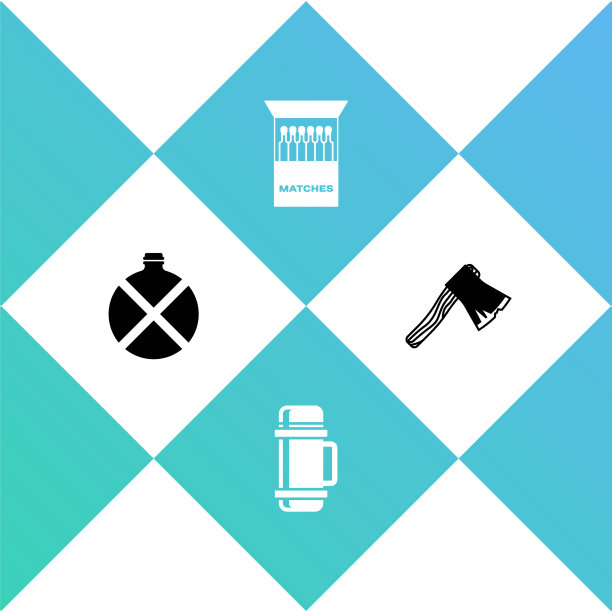 设置水壶，保温瓶容器，打开火柴盒和火柴和旧木斧图标。向量图片下载