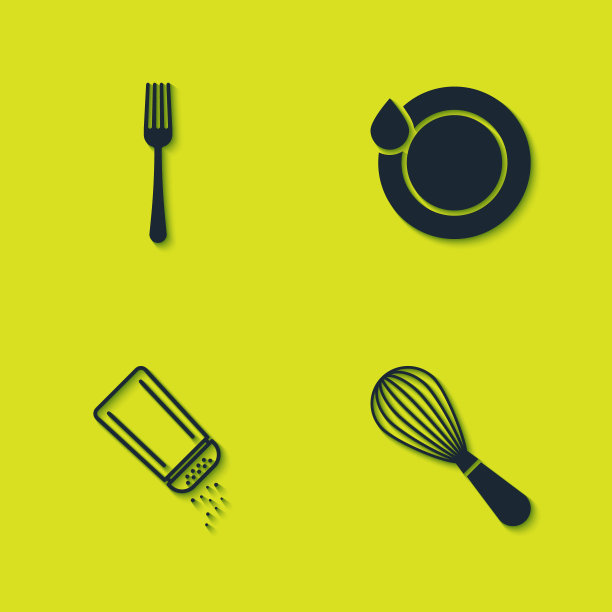 设置叉子，厨房打蛋器，盐和胡椒和洗碗图标。向量图片下载