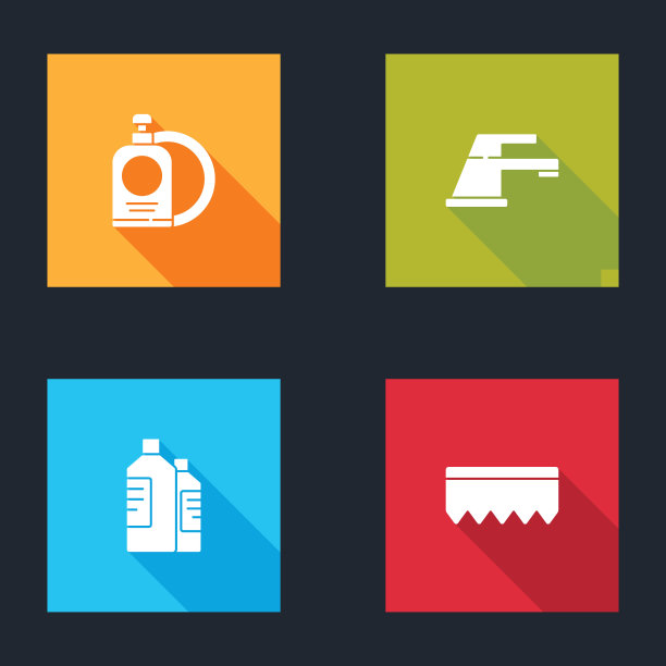 设置洗洁精瓶和盘子，水龙头，瓶子清洗剂和海绵与气泡图标。向量图片下载