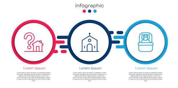 设置带问号的房子，教堂建筑和睡袋。业务信息图表模板。向量图片下载