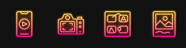 设置线分镜，在线播放视频，相机和框架。发光的霓虹灯图标。向量图片下载