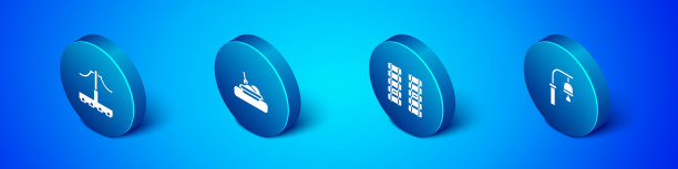 集等距铁路，铁路，铁路轨道，火车站钟和盘子与食品图标。向量图片下载