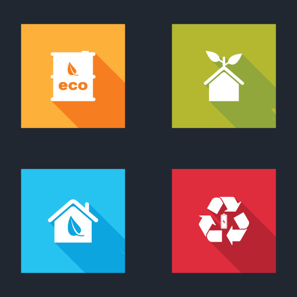 设置生物燃料桶，生态友好的房子，电池与回收图标。向量图片下载