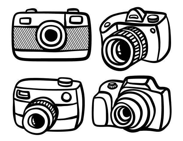 一组可爱的涂鸦相机图标设置在白色背景上图片下载