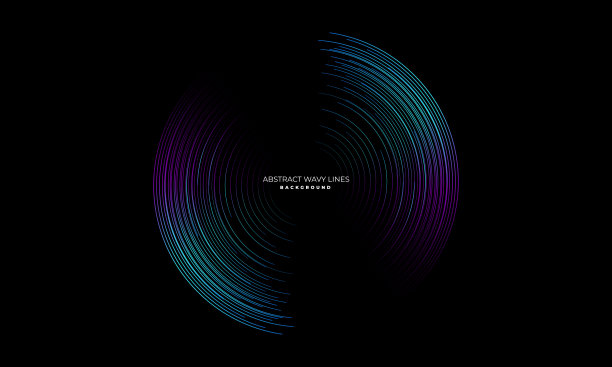 蓝绿色的动态波浪抽象线条在黑色背景上孤立，适合于科技，通讯，科学，音乐等背景图片下载