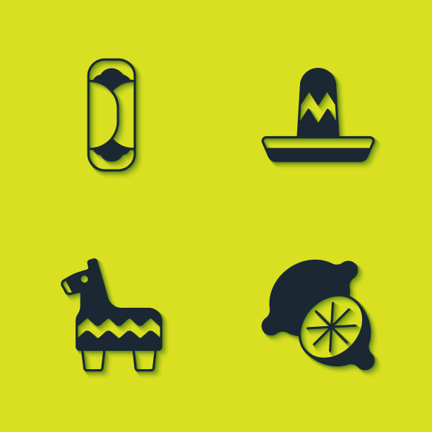 设置墨西哥卷饼，青柠，皮纳塔和墨西哥宽边帽图标。向量图片下载