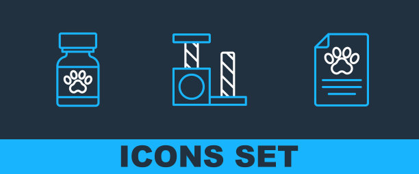 设置宠物临床记录，药瓶和药片，猫抓后图标。向量图片下载