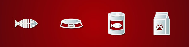 集鱼骨架，宠物食品碗，罐头的猫和袋的宠物图标。向量图片下载