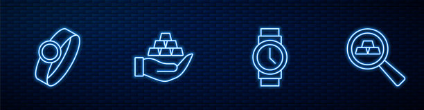 集线腕表，金戒指，酒吧手和。砖墙上发光的霓虹灯图标。向量图片下载