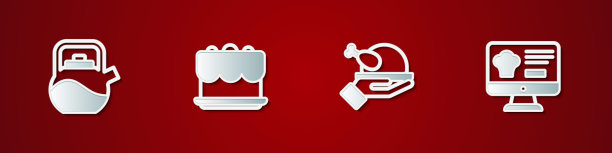 设置茶壶手柄，蛋糕，烤火鸡或鸡肉和在线订购送货图标。向量图片下载