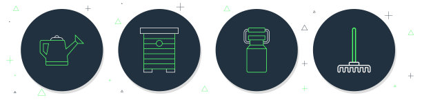 设置线蜂巢为蜜蜂，罐头容器牛奶，洒水罐和花园耙图标。向量图片下载