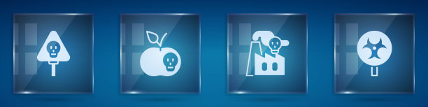 设置骨头和头骨，毒苹果，工厂烟雾和生物危害标志。方形玻璃板。向量图片下载