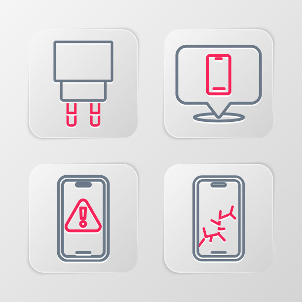 设置线手机与破碎的屏幕，感叹号，电话维修服务和充电器图标。向量图片下载