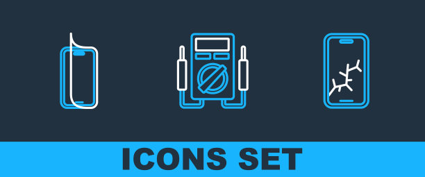 设置线手机破碎屏幕，玻璃保护和万用表图标。向量图片下载