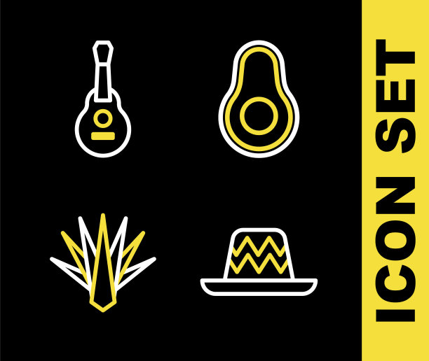 设置线鳄梨水果，墨西哥宽边帽，龙舌兰和吉他图标。向量图片下载
