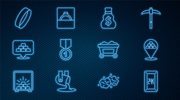 设线金条24k，旧钱袋，奖牌，戒指，矿车与黄金和钻石订婚盒图标。向量图片下载