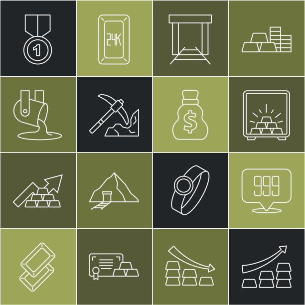 设置线增长箭头与金条，黄金24k，安全，矿山，采矿，熔融被倾倒，奖牌和旧钱袋图标。向量图片下载