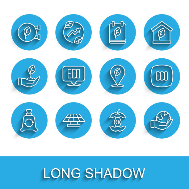 设置线垃圾袋回收，太阳能电池板，生态商店，苹果核心，手持地球，叶子符号，和位置叶子图标。向量图片下载