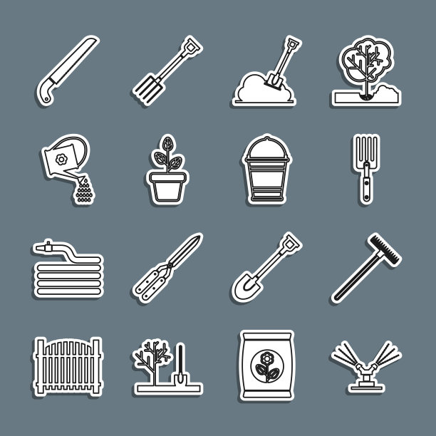 设置线自动灌溉洒水器，花园耙，叉，铲地，花盆，喷壶，锯和桶图标。向量图片下载